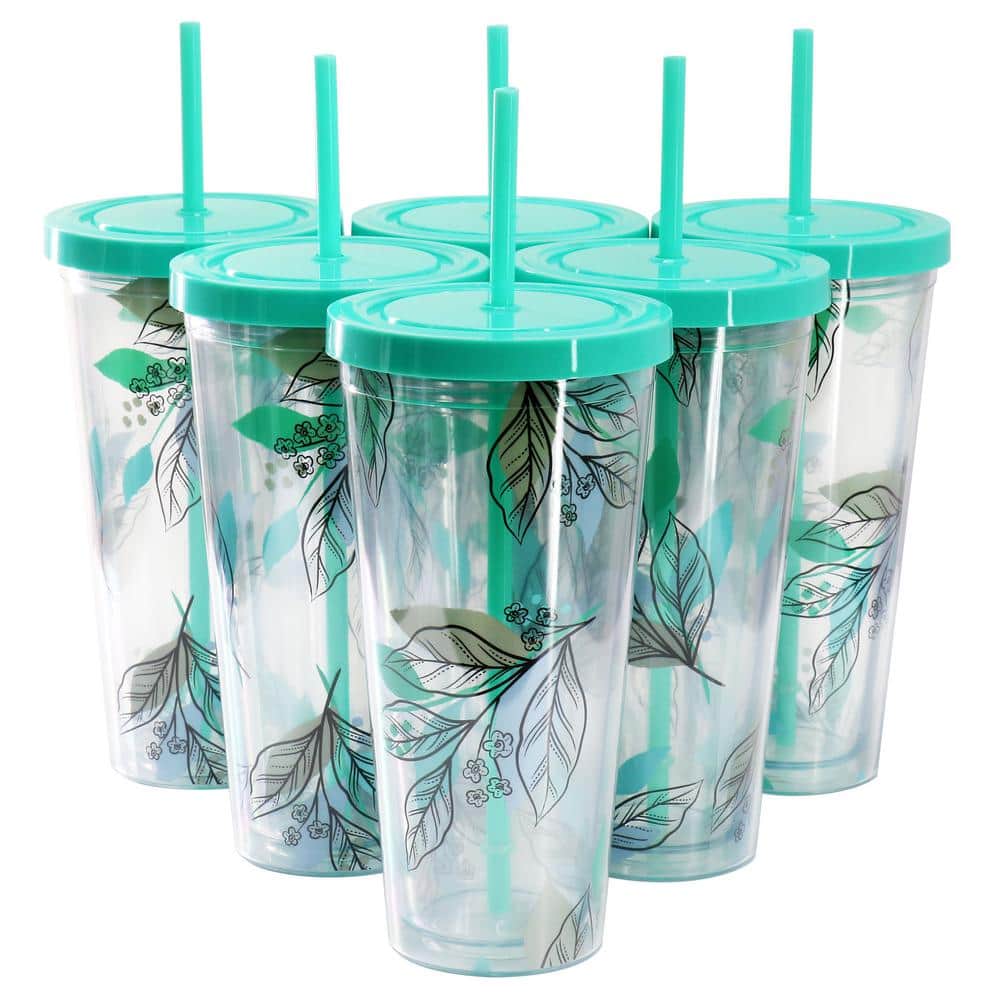 Tropical Sway Vineyard 6-Piece 24 oz. Double Wall Plastic Tumbler Set with Lid and Straw in Teal - Hercitys