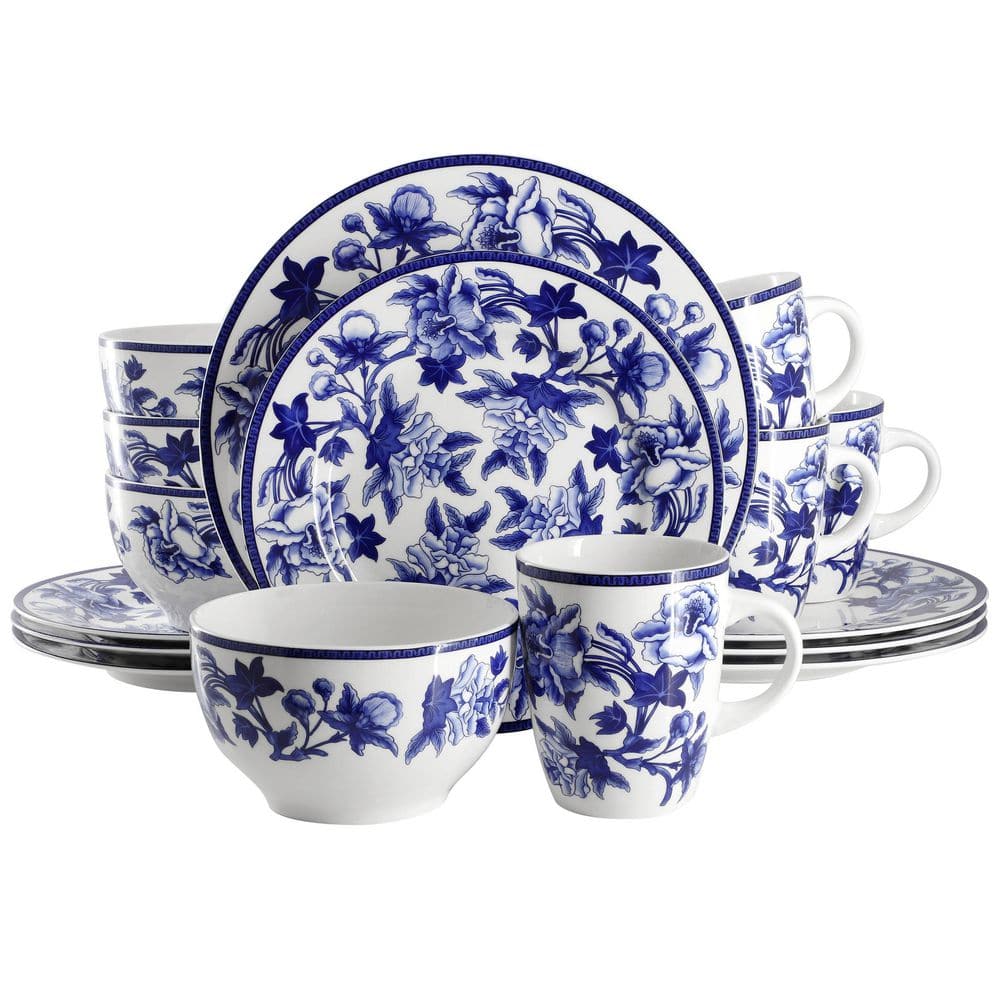 Elama Cineraria 16 Piece Round Porcelain Dinnerware Set in Blue and White - Hercitys