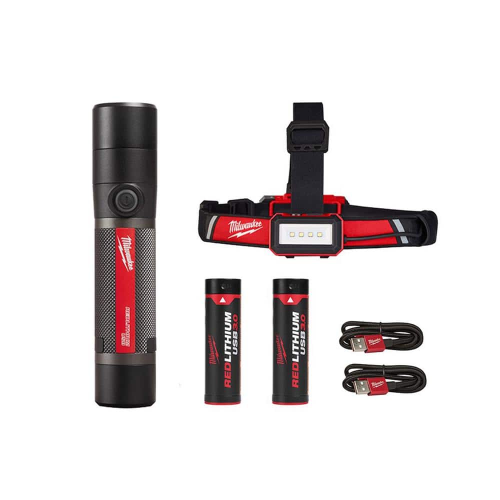 800 Lumens LED USB Rechargeable HP Fixed Focus Flashlight and 600 Lumens Low-Profile Hard Hat Headlamp (2-Pack) - Hercitys