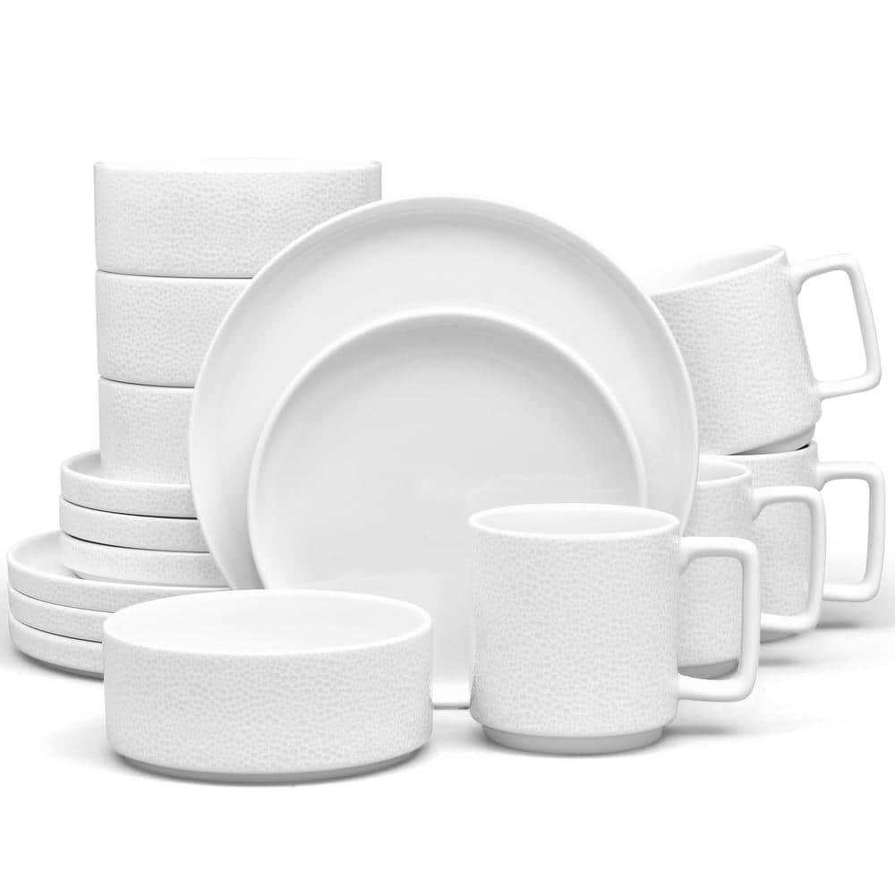 Colortex Stone 16-Piece (White) Porcelain Stax Dinnerware Set, Service for 4 - Hercitys