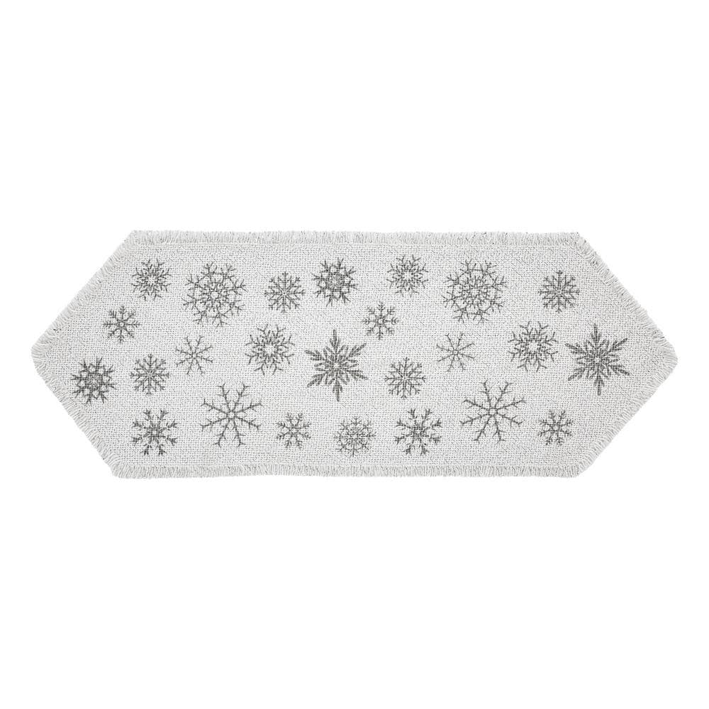 Yuletide 12 in. W x 36 in. H Antique White Silver Gray Seasonal Snowflake Cotton Burlap Table Runner - Hercitys