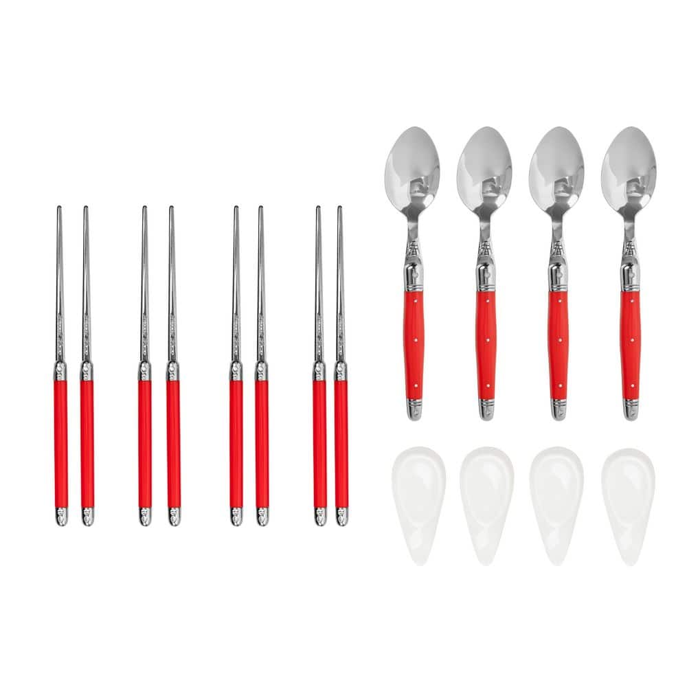 French Home Red Chopsticks, Laguiole Spoons and Ceramic Rests, Set of 4 Pairs - Hercitys