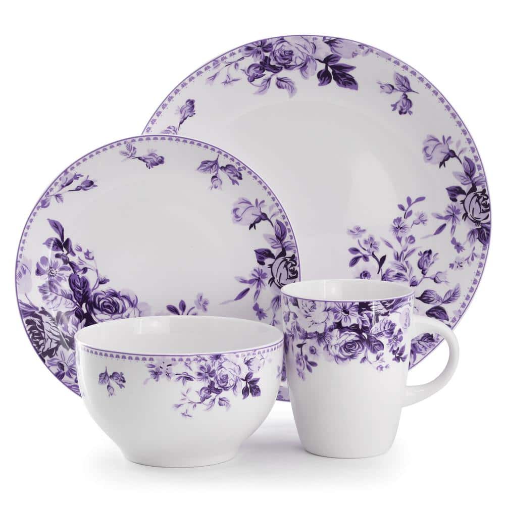 Traditional Rose 16-Piece Purple Stoneware Dinnerware Set, Service For 4 - Hercitys