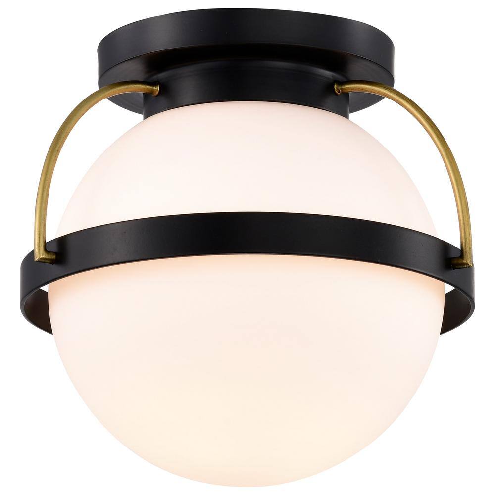 Lakeshore 10 in. 1-Light Matte Black Transitional Flush Mount with Etched White Glass Shade and No Bulbs Included - Hercitys