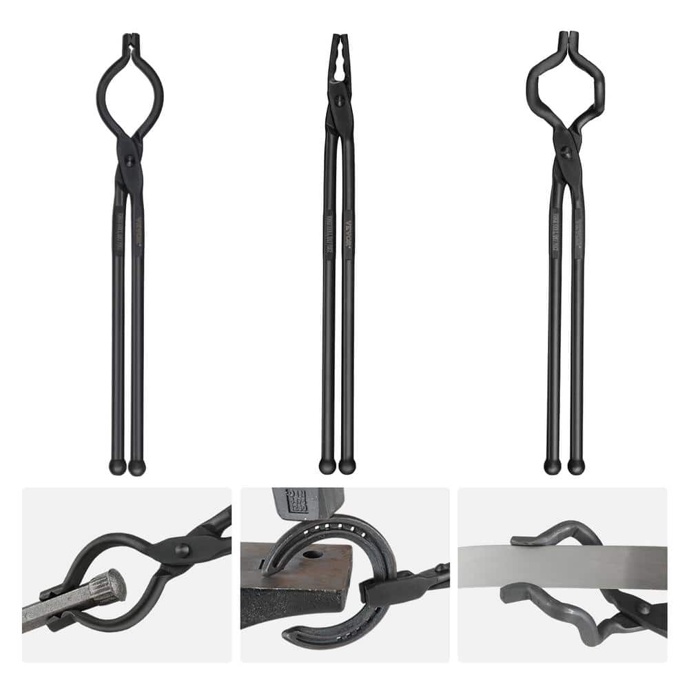 Blacksmith Tongs, 18 in. 3-Pieces V-Bit Bolt Tongs, Wolf Jaw Tongs and Z V-Bit Tongs, Carbon Steel Forge Tongs - Hercitys