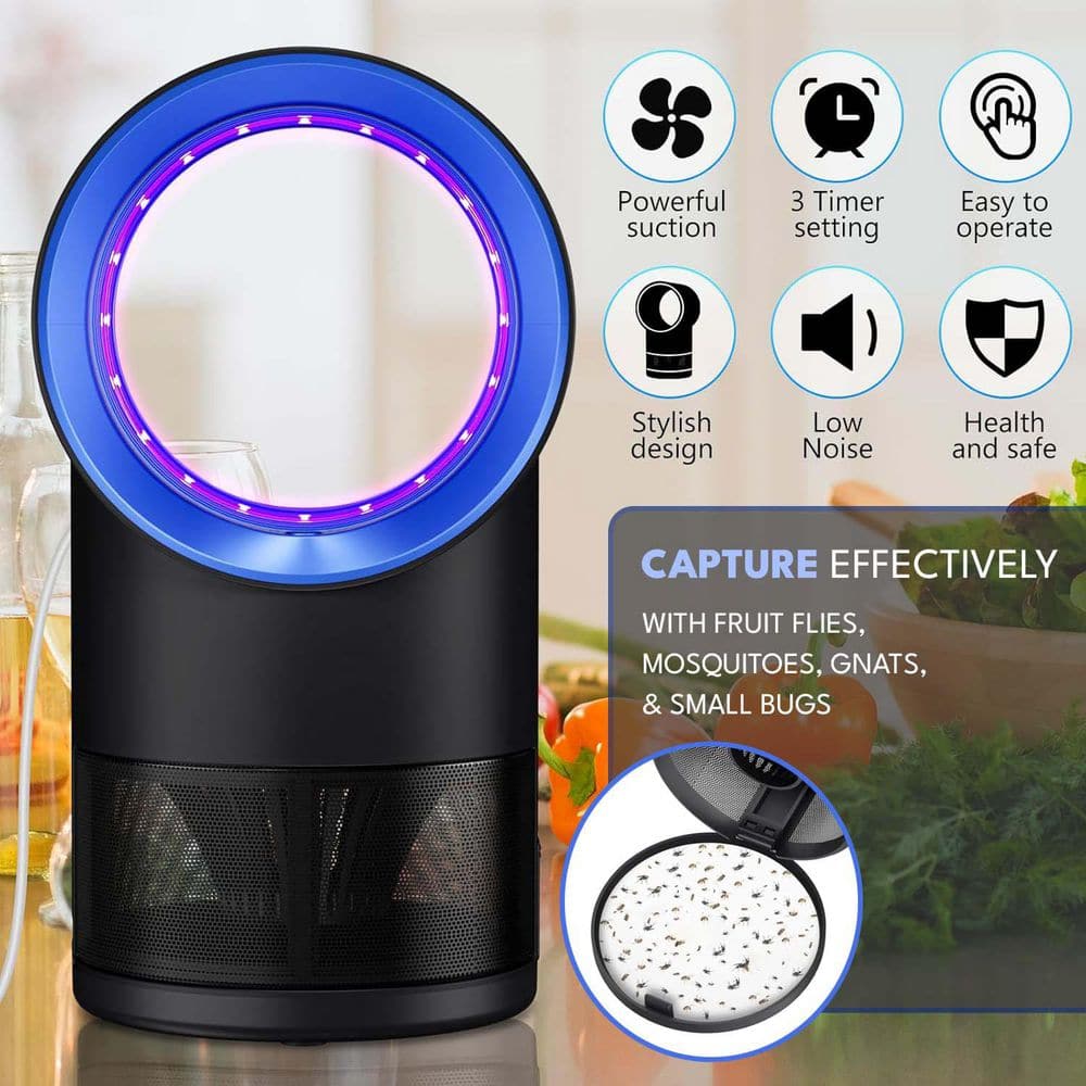 Indoor Electronic Fly Traps Zapper with Suction, Time Setting and Bug Light in Black - Hercitys