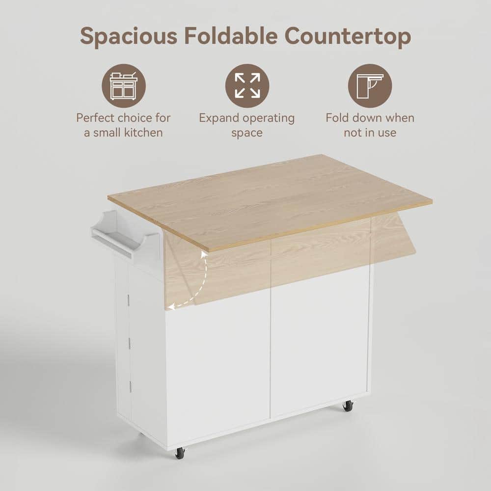 White/Natural Wood 35.4 in. W Kitchen Island Dining Table with Adjustable Shelves and Drawer and Spice and Tower Racks - Hercitys