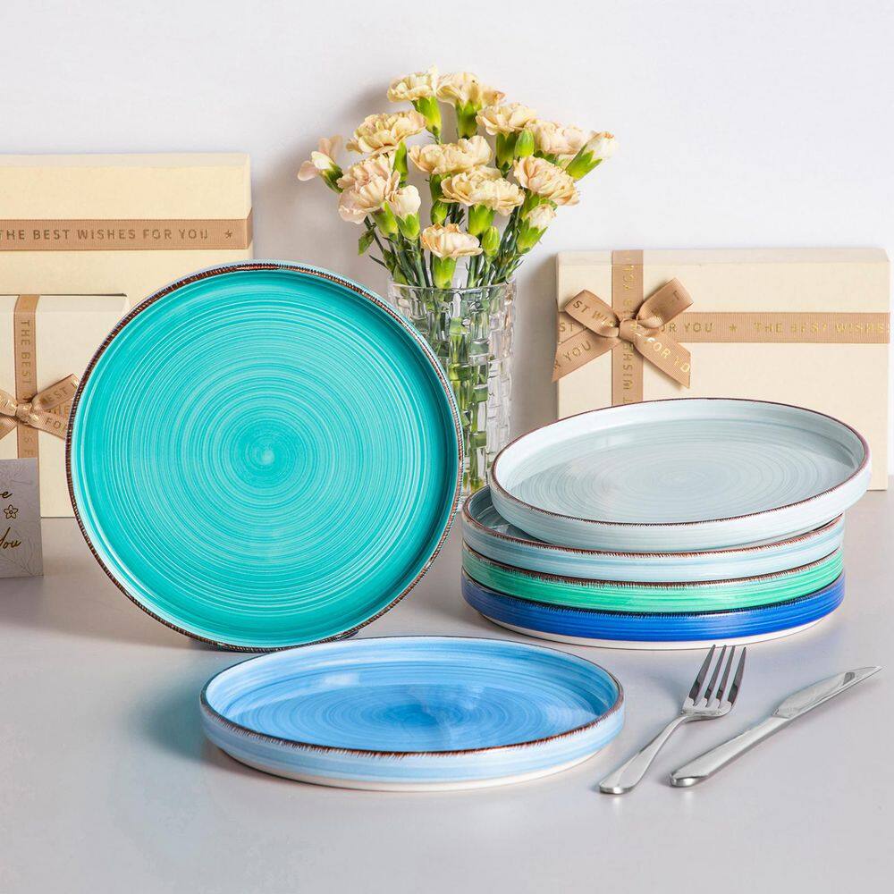8.5 in. Multi-Blue Stoneware Dessert Plate (Set of 6), Handpainted Side Plate Serving Plates for Fruit Snack - Hercitys