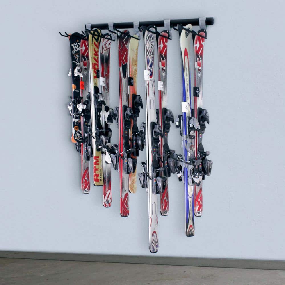 Wall Mounted Ski/Snowboard Storage 2.5 in. H x 48 in. W x 12.5 in. D Steel Track Storage System Black (Includes 5 hooks) - Hercitys
