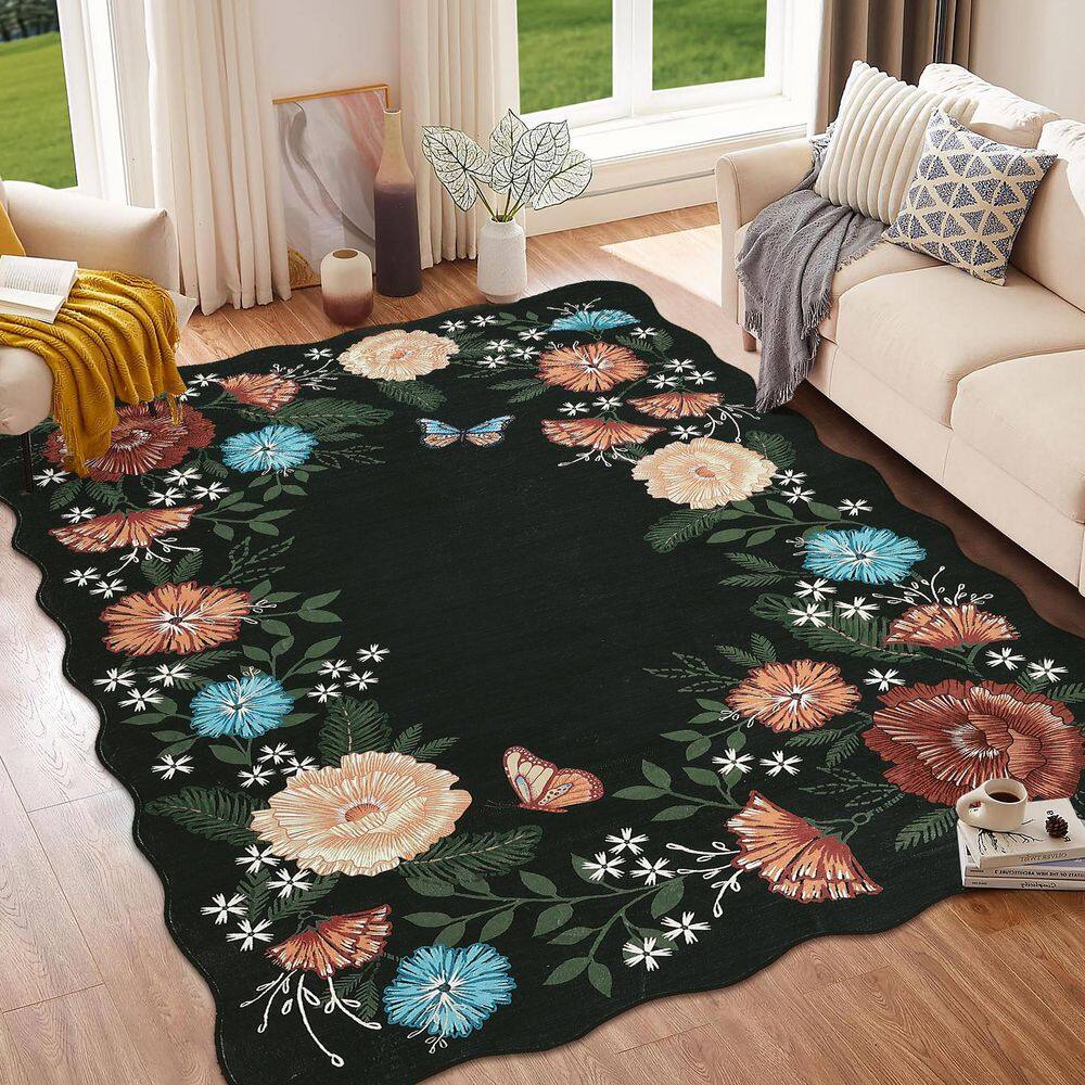 Wavy Edge Decorative Machine Washable Vintage Floral Printed Carpet for Bedroom Apartment Black 5 ft. x 7 ft. Area Rug - Hercitys