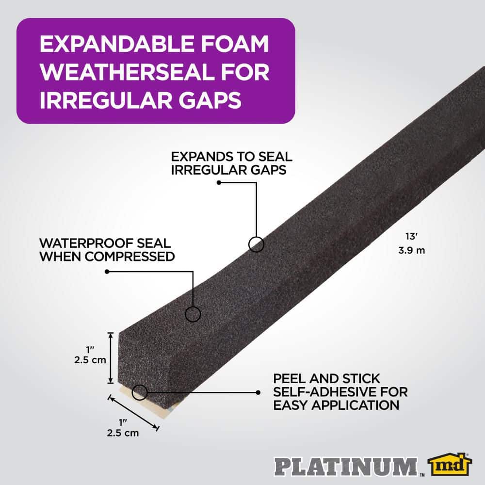 Platinum Series 1 in. x 1 in. x 156 in. Black Expandable Foam Tape Weatherseal for Uneven Gaps - Hercitys