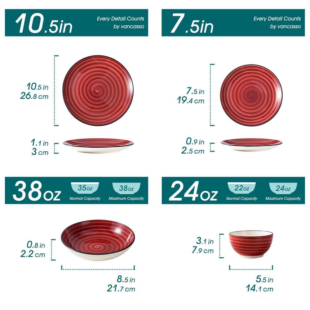 Bonbon 24-Pieces Red Stoneware Hand-Painted Spirals Pattern Dinnerware Set (Service for 6) - Hercitys