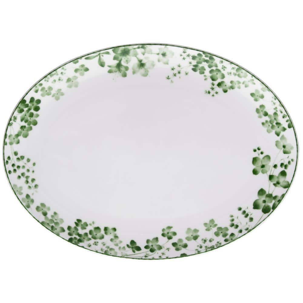 Bloomington Road 14 in. (White and Green) Porcelain Oval Platter - Hercitys