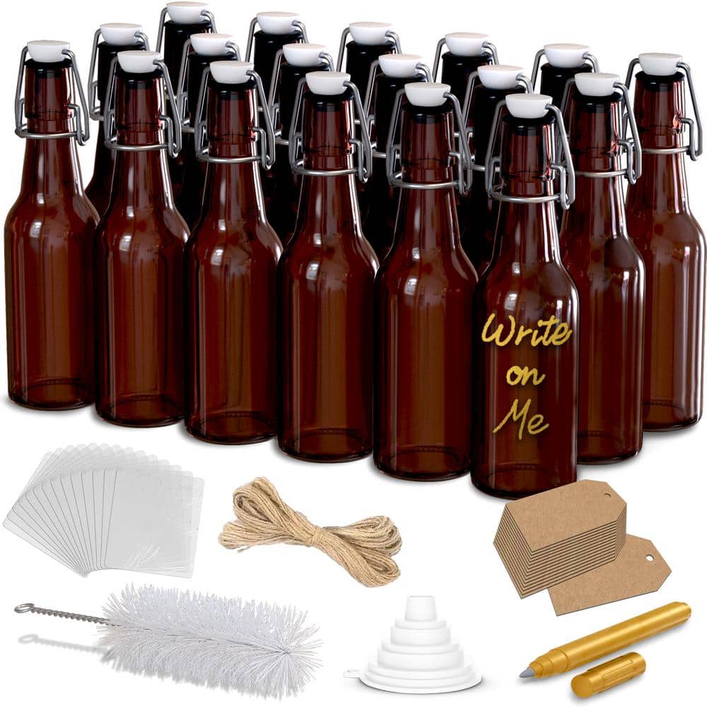 8.5 oz. Swing Top Amber Glass Beer Bottles with Bottle Brush, Funnel and Marker (Pack of 18) - Hercitys