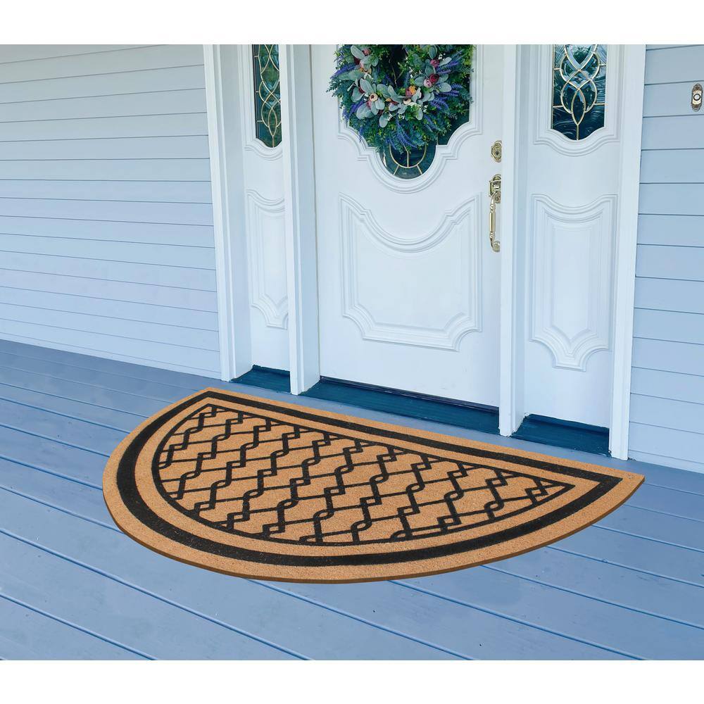 A1HC Natural Coir Flock Door Mat Hand Crafted Half Round Black/Beige Coir 30 in. x 60 in. Entry Double Door Mat - Hercitys
