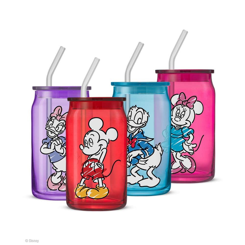 Disney Mickey and Friends Color Sketch LeadFree Can Glass with Acrylic Lids, 16-Ounce, (Set of 4) - Hercitys