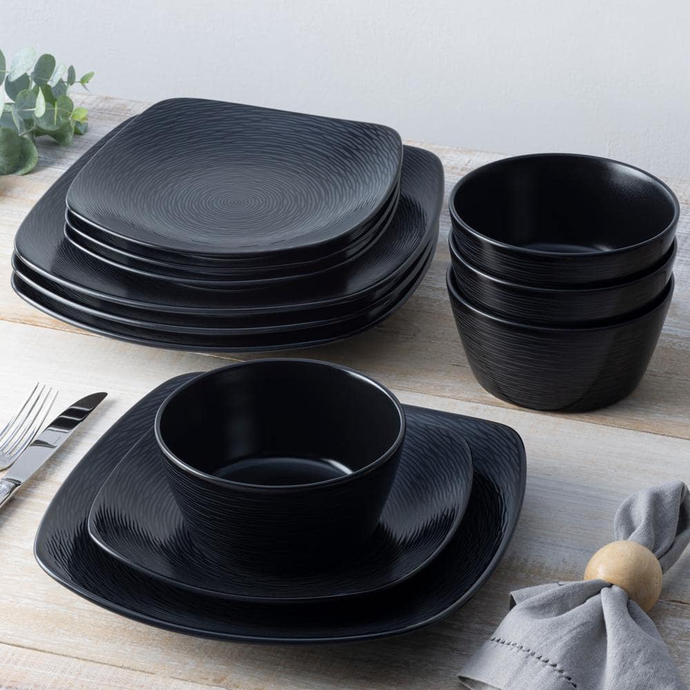 Colorscapes Black-on-Black Swirl 12-Piece (Black) Porcelain Square Dinnerware Set, Service for 4 - Hercitys