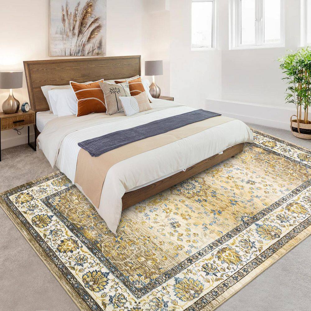 Soft Vintage Distressed Carpet Short Pile Non-slip Rug Washable Printed Rug Living Room Decorative Rug Yellow 5X7ft - Hercitys