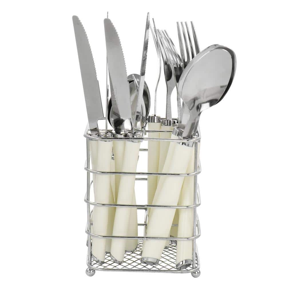 Fairfield 16-Piece Flatware Set with Wire Caddy in Egg Shell - Hercitys