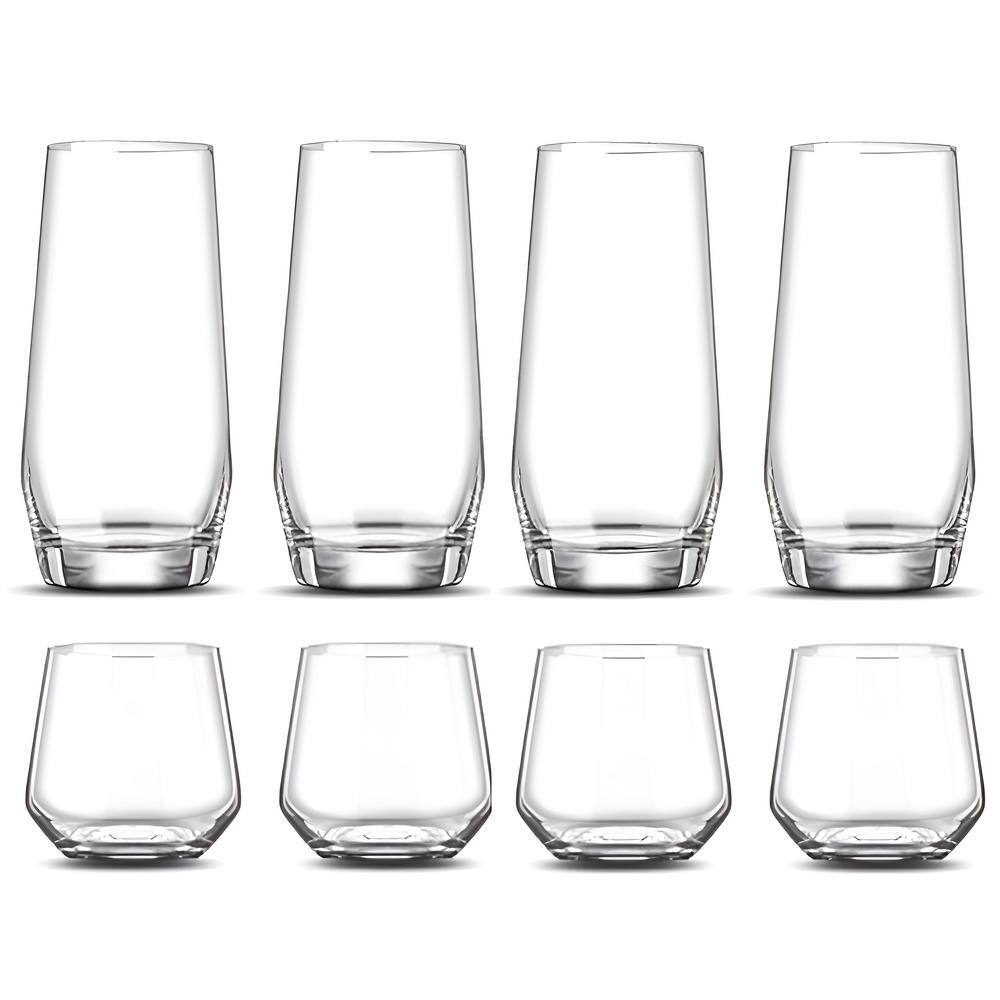 8-Piece Clear Glass Bar Set, Modern 4pcs 18oz Tall Glass & 4pcs 13oz Short Stemless Wine Glasses, Dishwasher safe - Hercitys