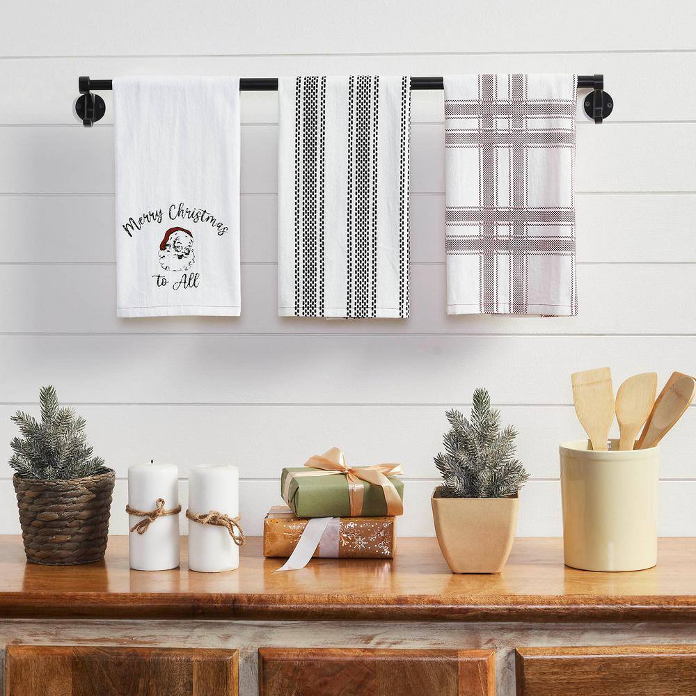 Annie Black White Red Seasonal Vintage Santa Cotton Blend Kitchen Tea Towel Set (Set of 3) - Hercitys