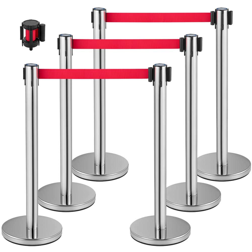 6.6 ft. Crowd Control Stanchion Set Red Retractable Belt Line Dividers with Sturdy Rubber Base in Silver (6-Pieces) - Hercitys