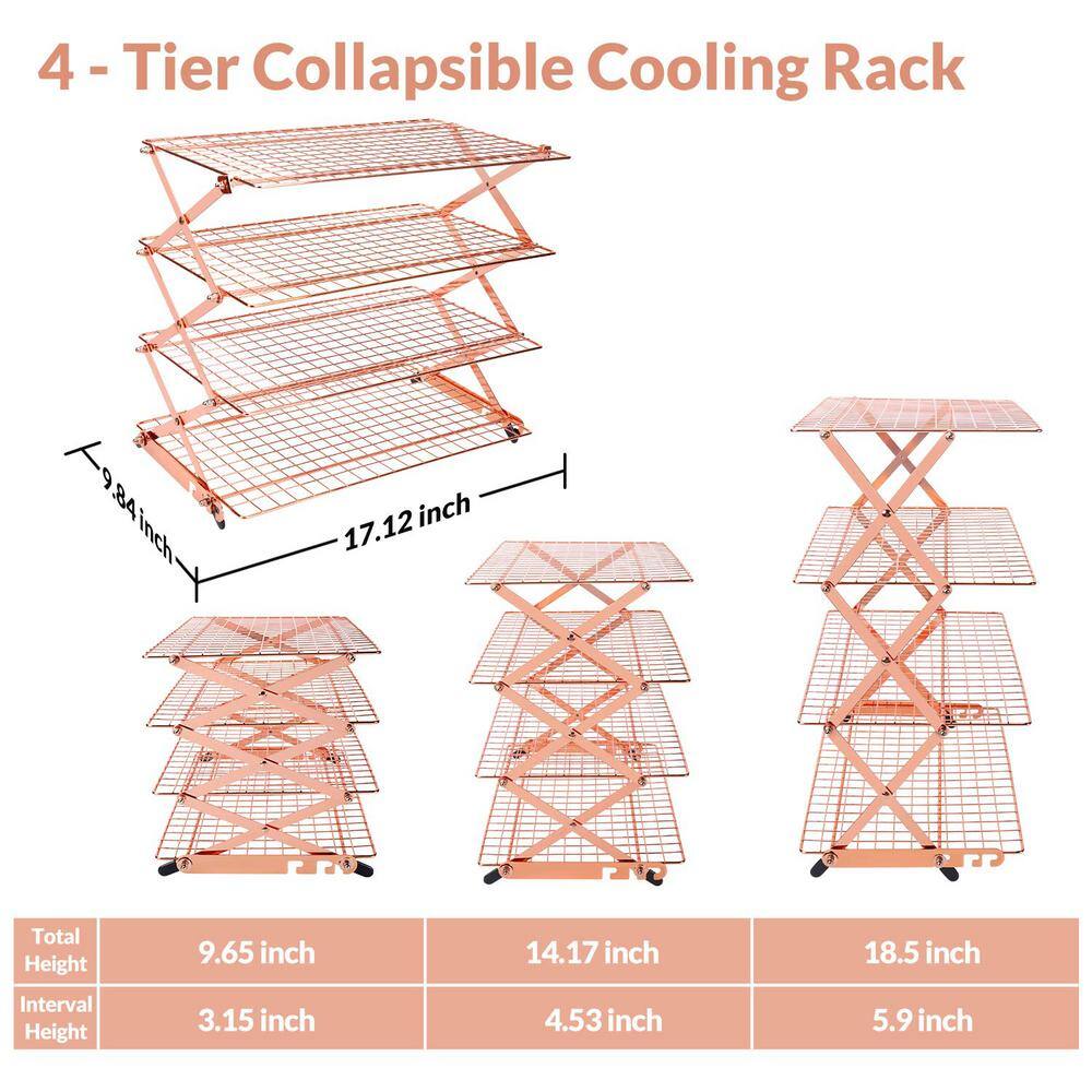 4-Tier RoseGold Collapsible Cooling Rack with Adjustable 3 Setting, Stackable Roasting Cooking Drying Wire Cooling Rack - Hercitys