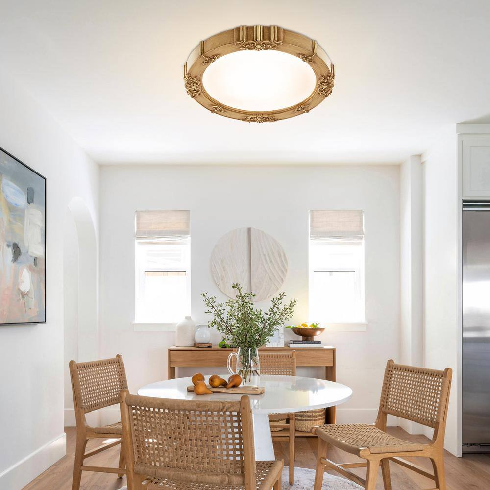 21.25 in. Wood Color Modern Round Flush Mount Ceiling Light with Acrylic Shade and Integrated LED for Bedroom - Hercitys