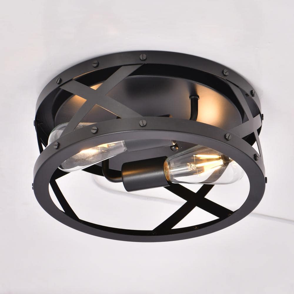 11.8 in. 2-Light Matte Black Flush Mount with Drum Shape - Hercitys