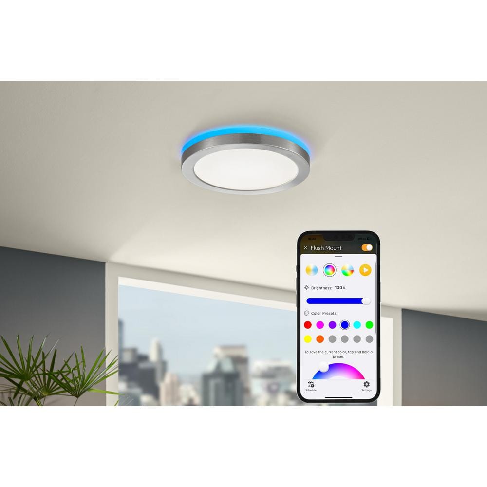 12 in. LED Flush Mount Smart CCT and RGB Selectable Brushed Nickel Finish with Night Light Powered by Hubspace - Hercitys
