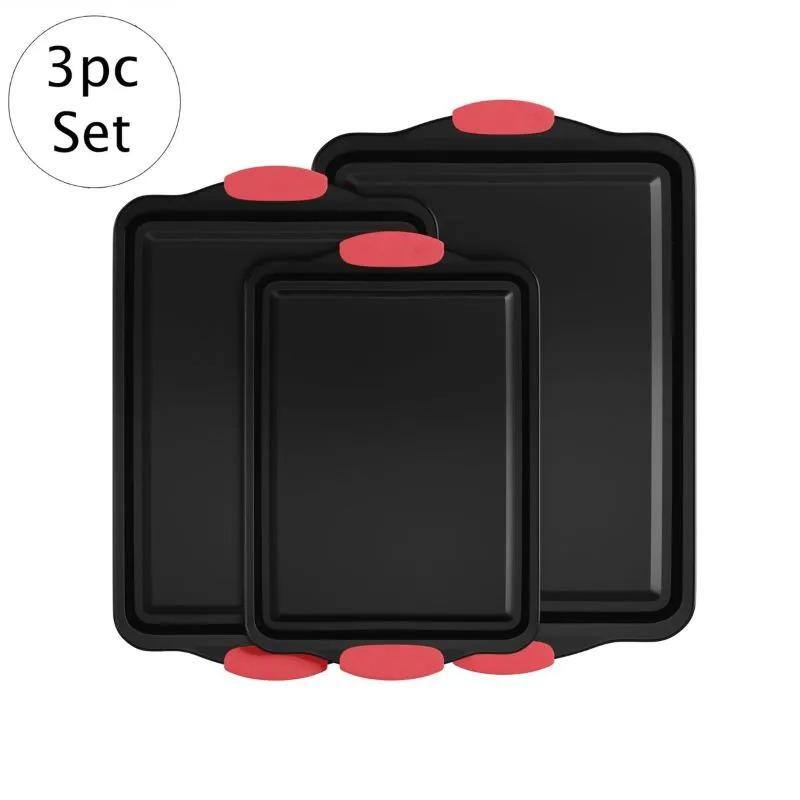 3-Piece Carbon Steel Baking Pan Set with Silicone Handles and Non-Stick for Cakes, Cookies or Pizza, Black - Hercitys