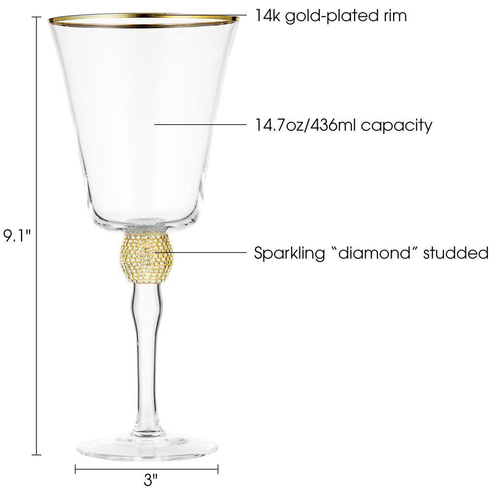 14.7 oz. Wine Glass with Rhinestone Design and Gold Rim,  (Set of 6) - Hercitys