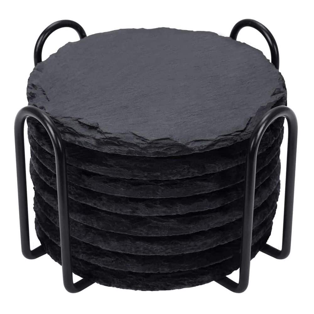 4 Inch Stone Coaster Set Coffee Table Decor with Metal Holder in Black (Set of 8) - Hercitys