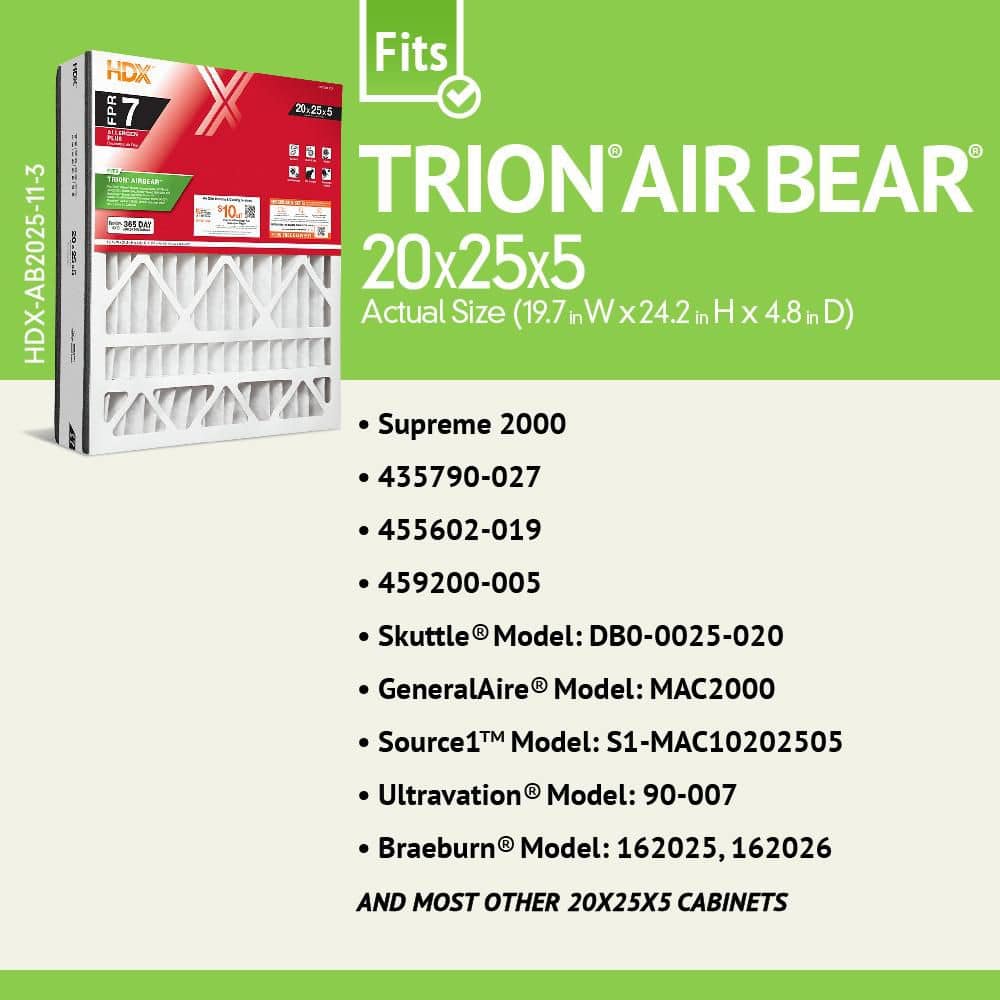 20 in. x 25 in. x 5 in. Trion AirBear Replacement Pleated Air Filter FPR 7, MERV 11 - Hercitys
