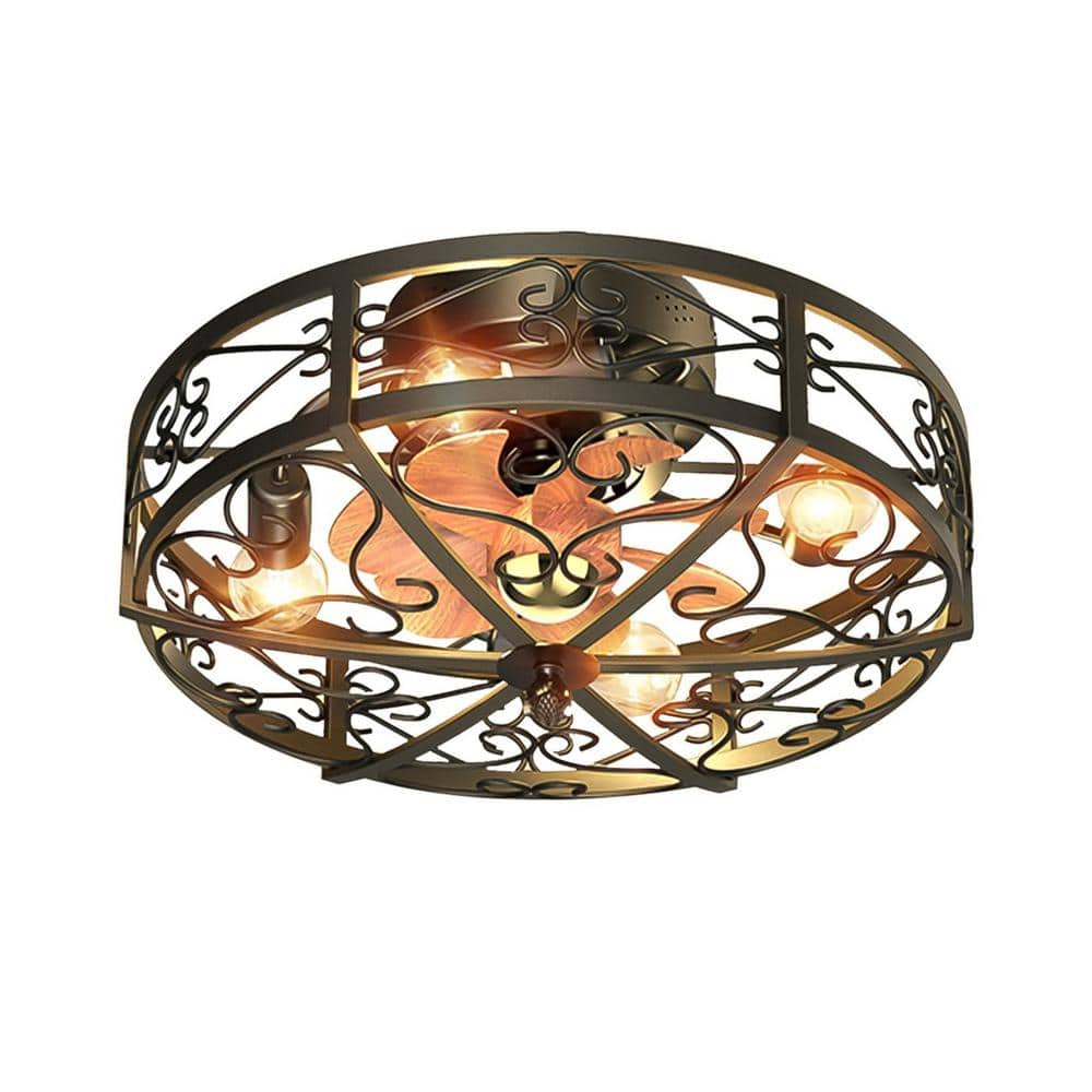 19.6 in. Indoor Black 4-Light Wood Industrial Metal Iron Cage Low Profile Flush Mount Ceiling Fan with Light and Remote - Hercitys