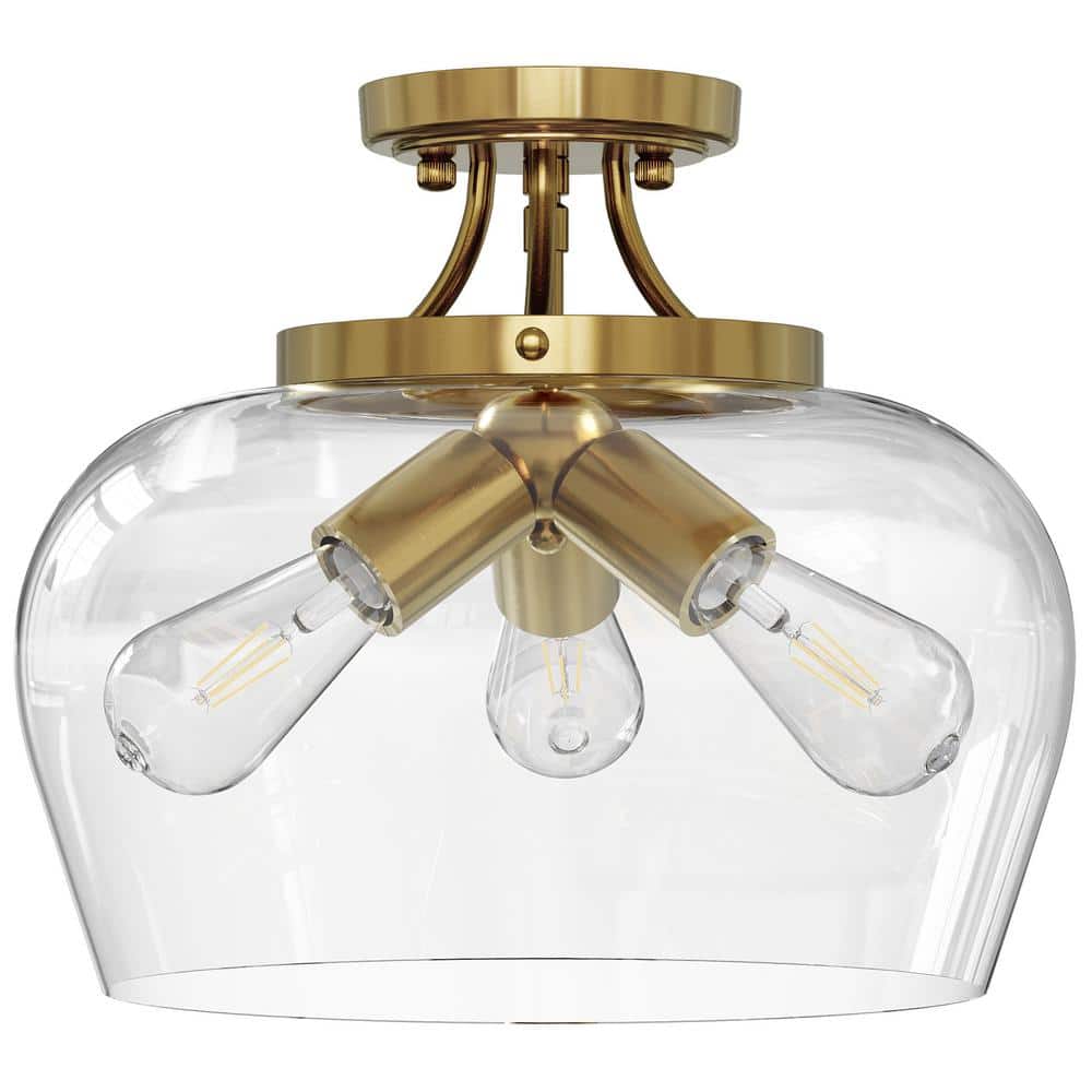 11 in. 3-Light Antique Brass Semi-Flush Mount Ceiling Light with Glass Shade - Hercitys