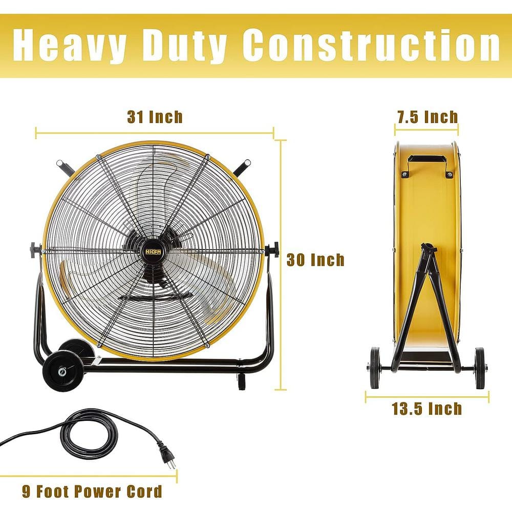 24 in. 3 Fan Speeds Drum Fan in Yellow, Turbo Blade with Powerful 1/3-HP Motor - Hercitys