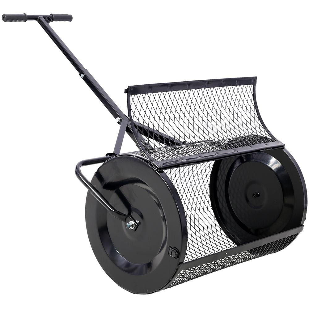 24 in. 60 lbs. Peat Moss Spreader, Compost Spreader Metal Mesh, T Shaped Handle, Garden Care Manure Spreaders Roller - Hercitys