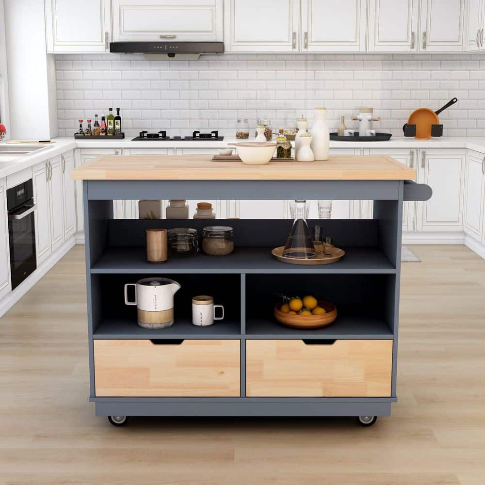 2-Sided Rolling Kitchen Cart with Wheels, Wood Top, Wine and Spice Rack, 2-Drawers, 3-Open Compartments in Blue - Hercitys