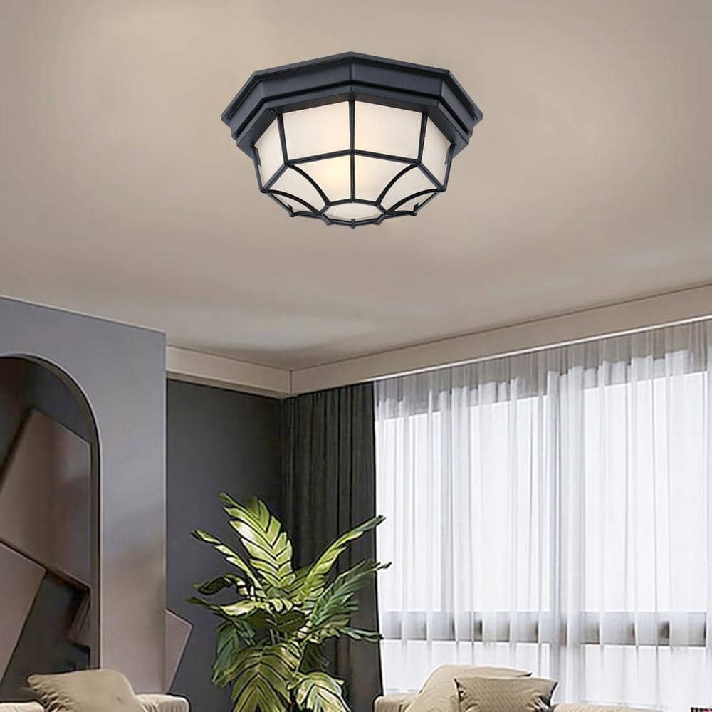 11.42 in. 1-Light Black Standard Bowl Flush Mount with Frosted Glass Shade - Hercitys