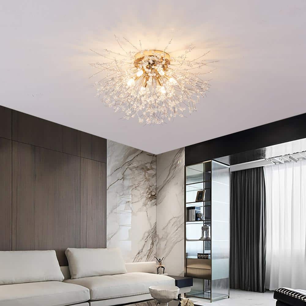 23.6 in. 6-Light Gold Flush Mount Modern Firework Shaped Crystal Ceiling Light - Hercitys