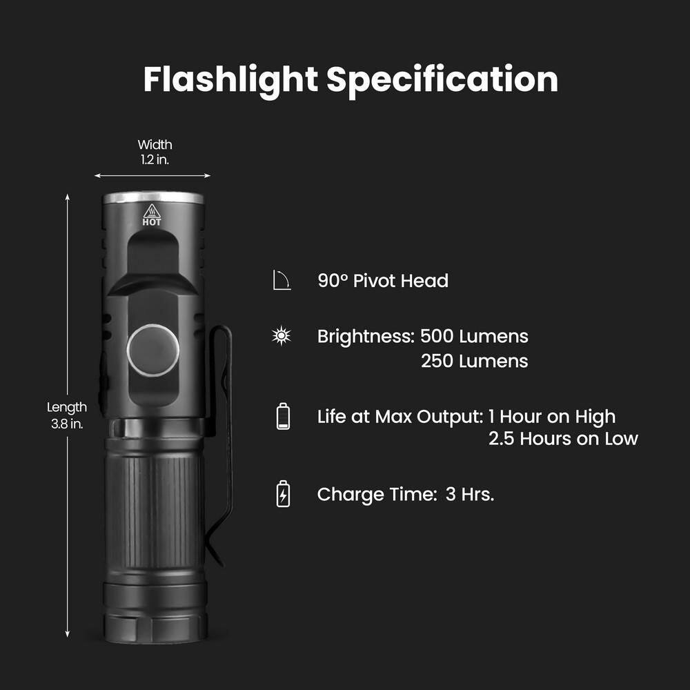 500 Lumens 3.8 in. Super Bright Pivot Head Rechargeable LED Flashlight with Magnetic Base and Clip (3-Pack) - Hercitys