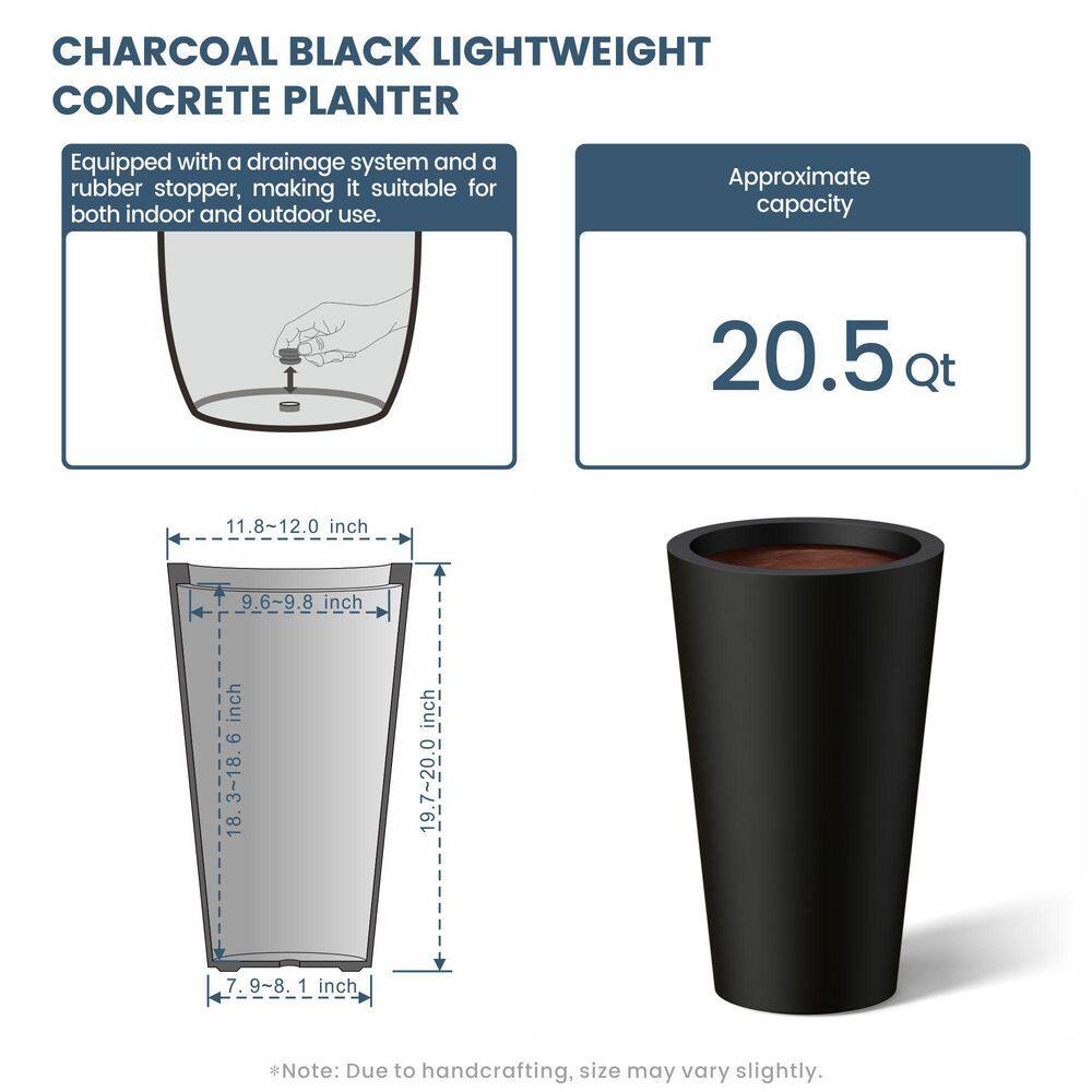 12 in. Large Charcoal Black (Premium Inner) Concrete Round Planter / Pot with Drainage Holes - Hercitys