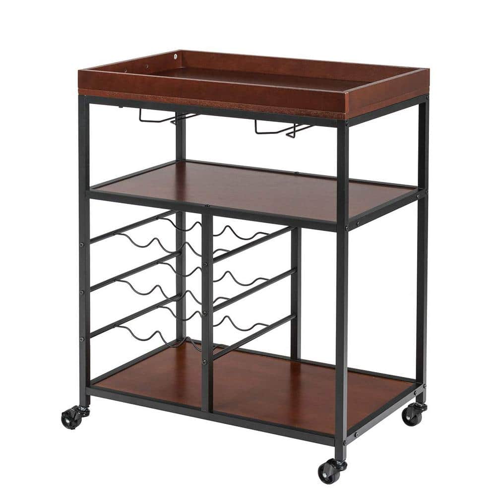 3-Tier Brown Rolling Kitchen Cart with Wine Rack - Hercitys