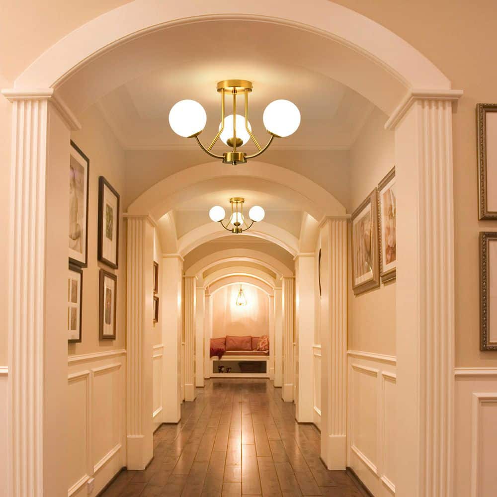 19 in. Gold Industrial Semi-Flush Mount Ceiling Light with Globe Frosted Glass Shade for Dinning Room Entryway - Hercitys