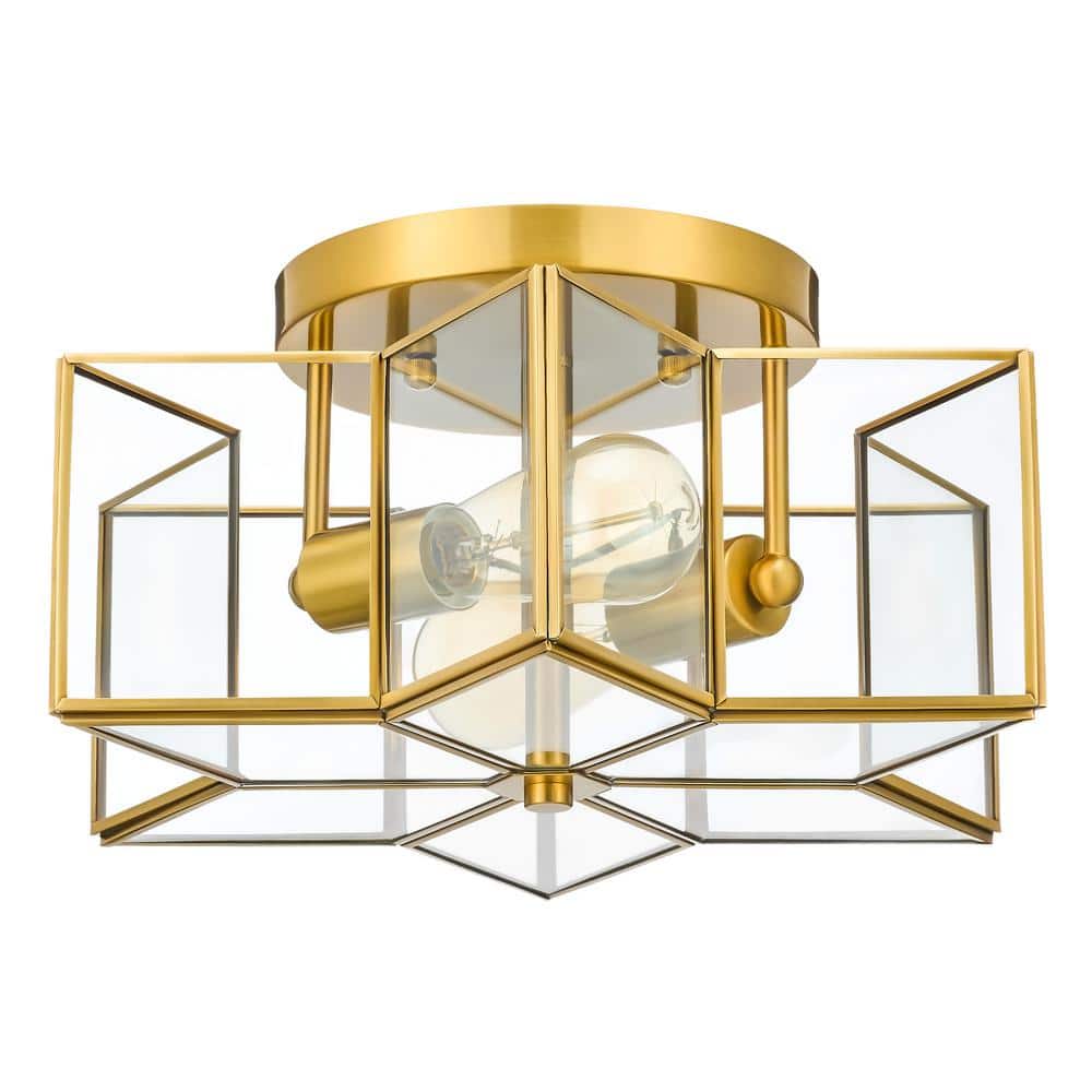 13.3 in. 2-Light Gold Flush Mount with Star Glass Shade - Hercitys