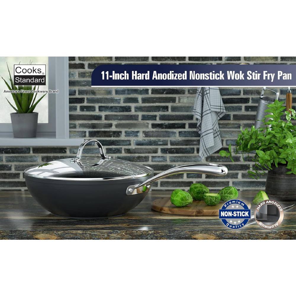 11 in. Hard-Anodized Nonstick Stir-Fry Wok with Glass Lid Stainless Handle Oven Safe, Gas & Electric Stovetop Compatible - Hercitys