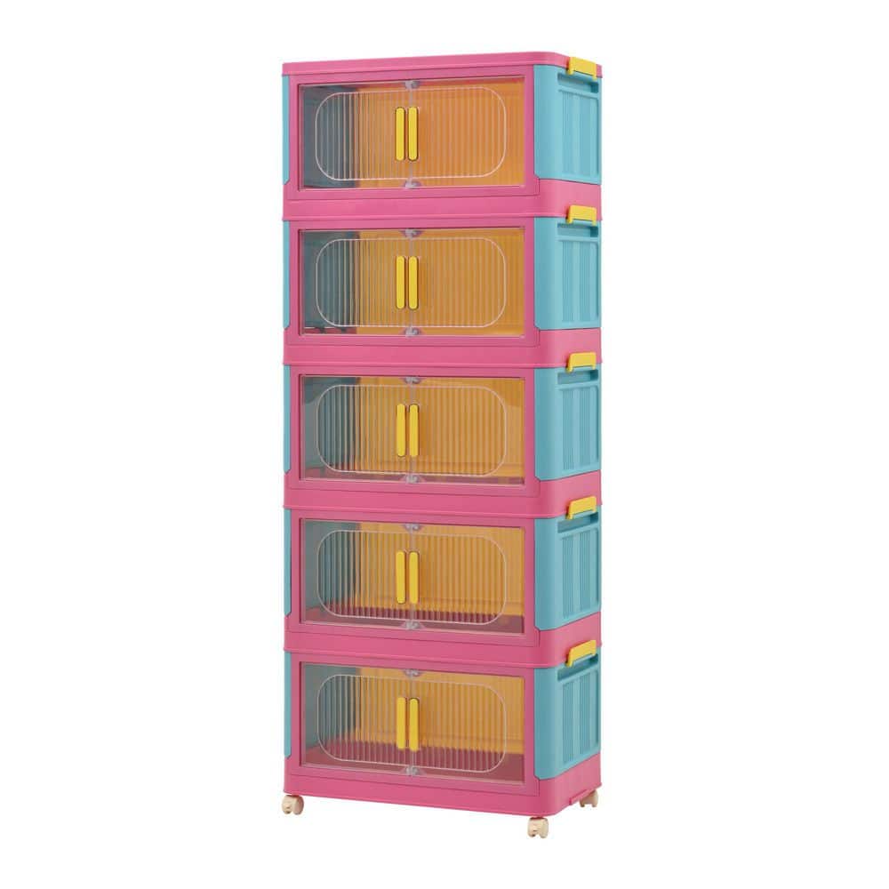 5 Tiers Kitchen Pantry, Folding Storage Cabinet, Collapsible Storage Bins with Magnetic Door and Wheels in Blue+Pink - Hercitys
