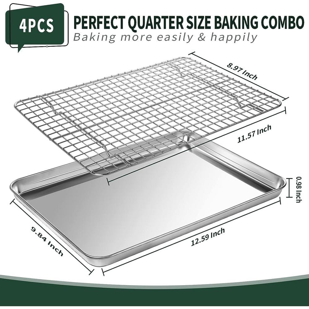 2-Piece Stainless Steel Quarter Sheet Pan with Cooling Rack Set [2 Baking Sheets & Racks] Rust,Warp Resistant & Nonstick - Hercitys
