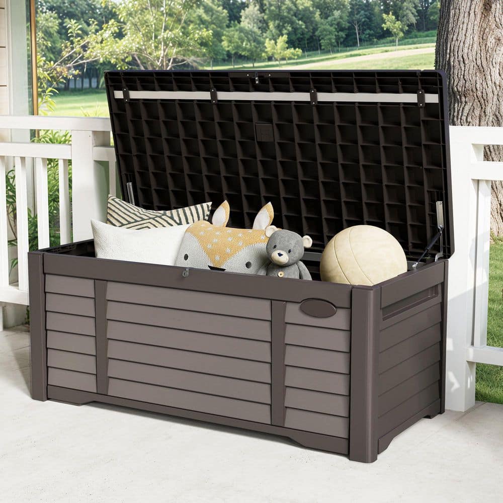 120 Gal. Water Resistant Resin Lockable Deck Box, Outdoor Storage For Patio Lawn and Garden, Brown - Hercitys